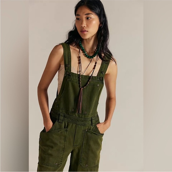 (NWOT) Free People Just In Time Overalls Olive Green Size M - Picture 3 of 14